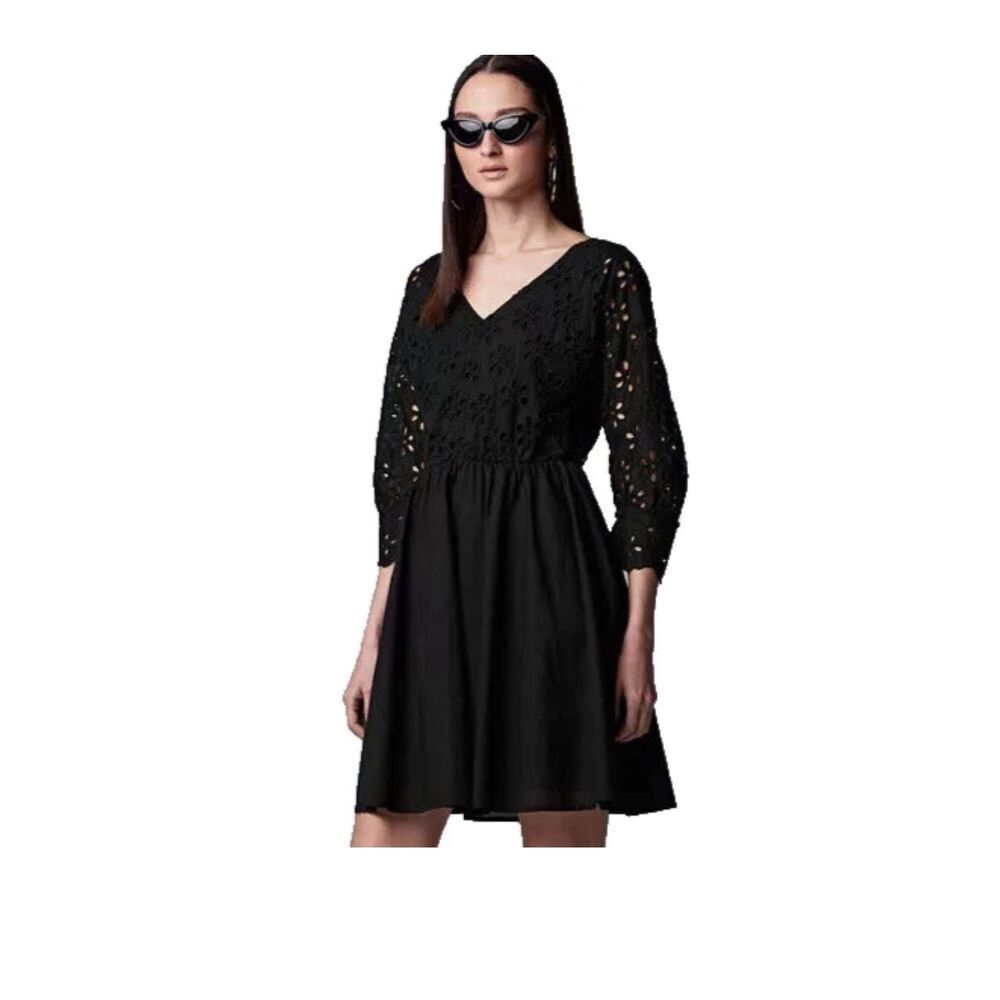 Simply Vera Vera Wang Womens Fit & Flare Mini Dress Sz L Black Eyelet Classic ne